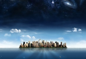 небо, Остров, город, океан, небоскребы, облака
