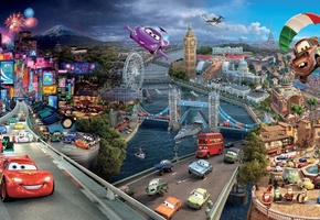 мосты, дороги, Мультфильм, машины, тачки 2, город, дома