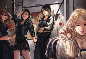 Девушки, сердечко, город, красные глаза, ночь, кровь