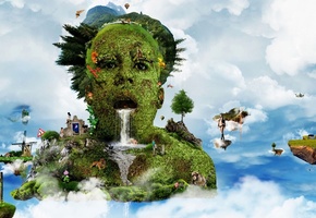 облака, лицо, трава, Фон, голова, водапады, рот, небо