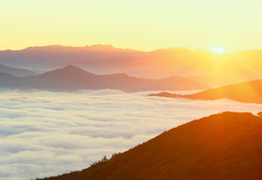 горы, лес, Рассвет, туман, япония