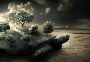 слоны, животные, Пустыня, даль, трава, черепеха