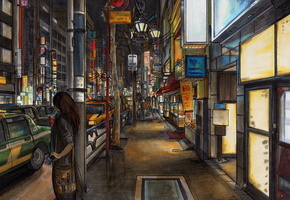 город, Рисунок, машины, , люди