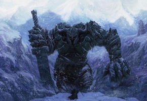 великан, воин, Зима, человек, меч, снег