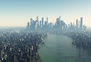 будущее, мегаполис, Город, футуристичность, река