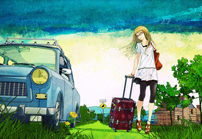 Blonde with suitcase, деревья, девушна, чемодан, лето
