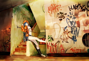 Аниме, мику, стена, вокалоид, микрофон, граффити, музыка