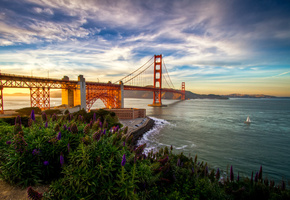 море, небо, горы, Пейзаж, цветы, облака, природы, мост