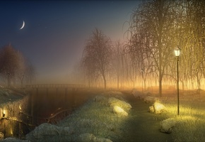 месяц, дорожка, свет, фонари, ночь, мостик, ров, Часовня