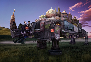 rhinoceros, Fantasy landscape, античные, здания, город, носорог