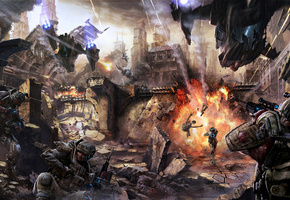 fantasy, взрывы, город, битва, люди, выстрелы, Фантастика