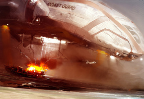 корабль, море, охрана, пожар, Береговая, вертолет