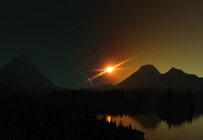 озеро, Рендеринг, природа, планеты, солнце, пейзаж