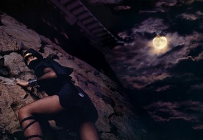 Девушка, замок, ножки, луна, ниндзя, ночь