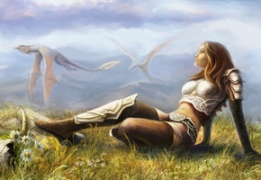 Фентези, картина, драконы, воин, девушка, настроение