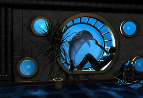 дельфин, девушка, вода, иллюминатор, Комната, окно