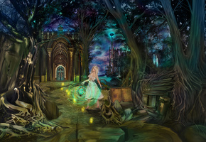 wonderland, night, ancient book, magic, fairytales, gates, fantasy, Dreamkeeper, castle, girl