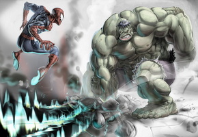 Халк, hulk, прыжок, человек-паук, камни, кулак, spider-man