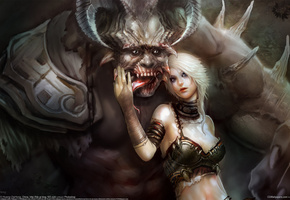 рога, девушка, грудь, Huang dahong, wild animal, блондинка, монстр