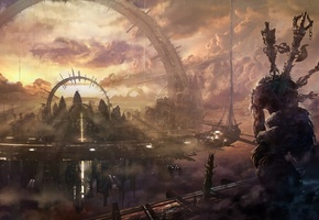 корабли, город, дома, арка, здания, монстр, Небесный