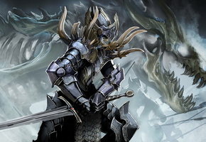 , доспехи, Скелет, дракон, меч