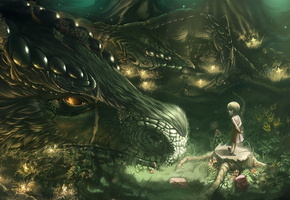 Дракон, лес. пенёк, сумка, цветы, девочка, свет