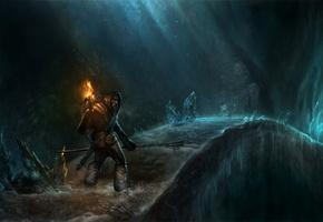 борода, человек, капюшон, факел, мост, Путник, копье