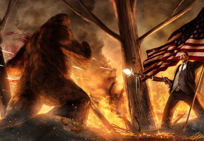 пули, сигара, пулемет, мужик, йети, сша, Лес, огонь, флаг