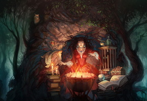 лес, Сова, котел, ведьма, книги, сундук, кубок, всечи