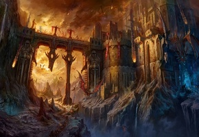 крепость, битва, мост, армия, Замок, драконы, огонь