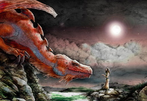 солнце, девушка, Дракон, камни