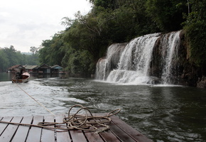 катер, Река, водопад, вода, канат, , домики, природа, плот