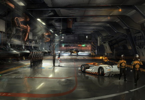 Ангар, шеренга, самолеты, солдаты, офицер, техники