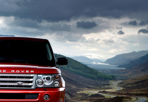 облака, горы, Красный, небо, range rover sport, land rover