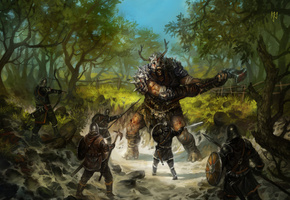 щиты, молот, люди, Лес, деревья, мечи, тролль, забор, лук