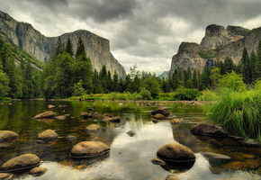 камни, лес, день, серый, горы, река, Природа