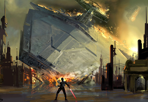 рисунок, Star wars, джедай, star destroyer, крушение