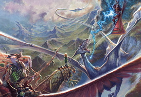 битва, Дракон, молния, горы, небо, лук, магия, , эльф
