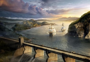 мост, река, парусники, тучи, Корабли, скалы, дамба