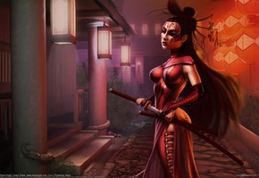 девушка, арт, фонари, Steve argyle, меч, азиатка, город, катана