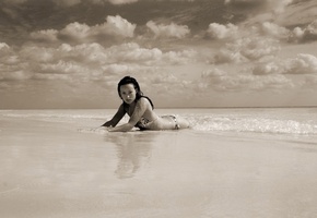 океан, песок, Olivia wilde, ляпота, облака, пляж, небо, оливия вайлд