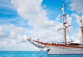 Море, облака, корабль, парусник, голубой