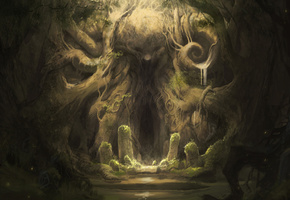 древность, иероглифы, пещера, Камни, корни, лес, тайна