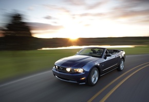 скорость кабриолет, дорога, закат, Mustang gt