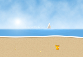 волны, солнце, песок, Один день на пляже, парусник, пляж