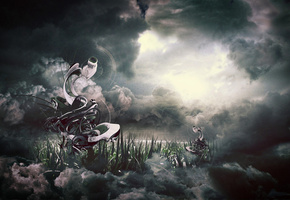 Тучи, водоём, абстракная фигура, небо, трава