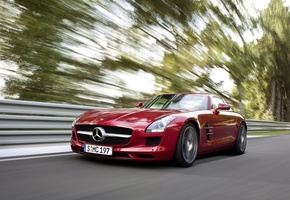 Mercedes, деревья, дорога, скорость, sls, benz, amg