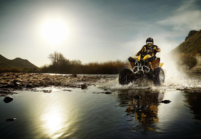 солнце, лужа, Квадроцикл, камни, брызги
