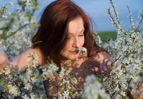 Девушка, цветы, ветки, волосы