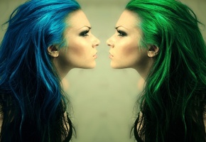 профиль, зеленые, Лицо, к лицу, синее, девушка, волосы